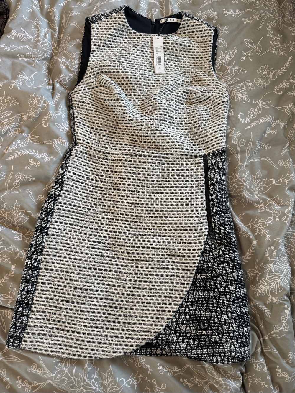 Alice + Olivia Black and White Textured Mini Sheath Dress
